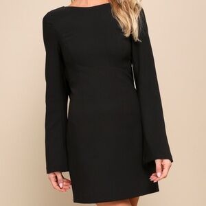 Lulus Elegant Cutie Black Bow Long Sleeve Backless Mini Dress - Size S